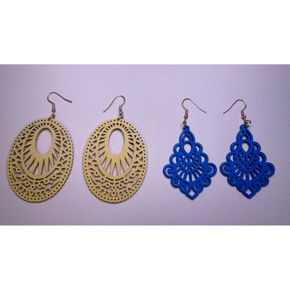2 Pair Laser Cut Wood Statement Earrings Boho Dangle Tan Blue Lightweight Hippie